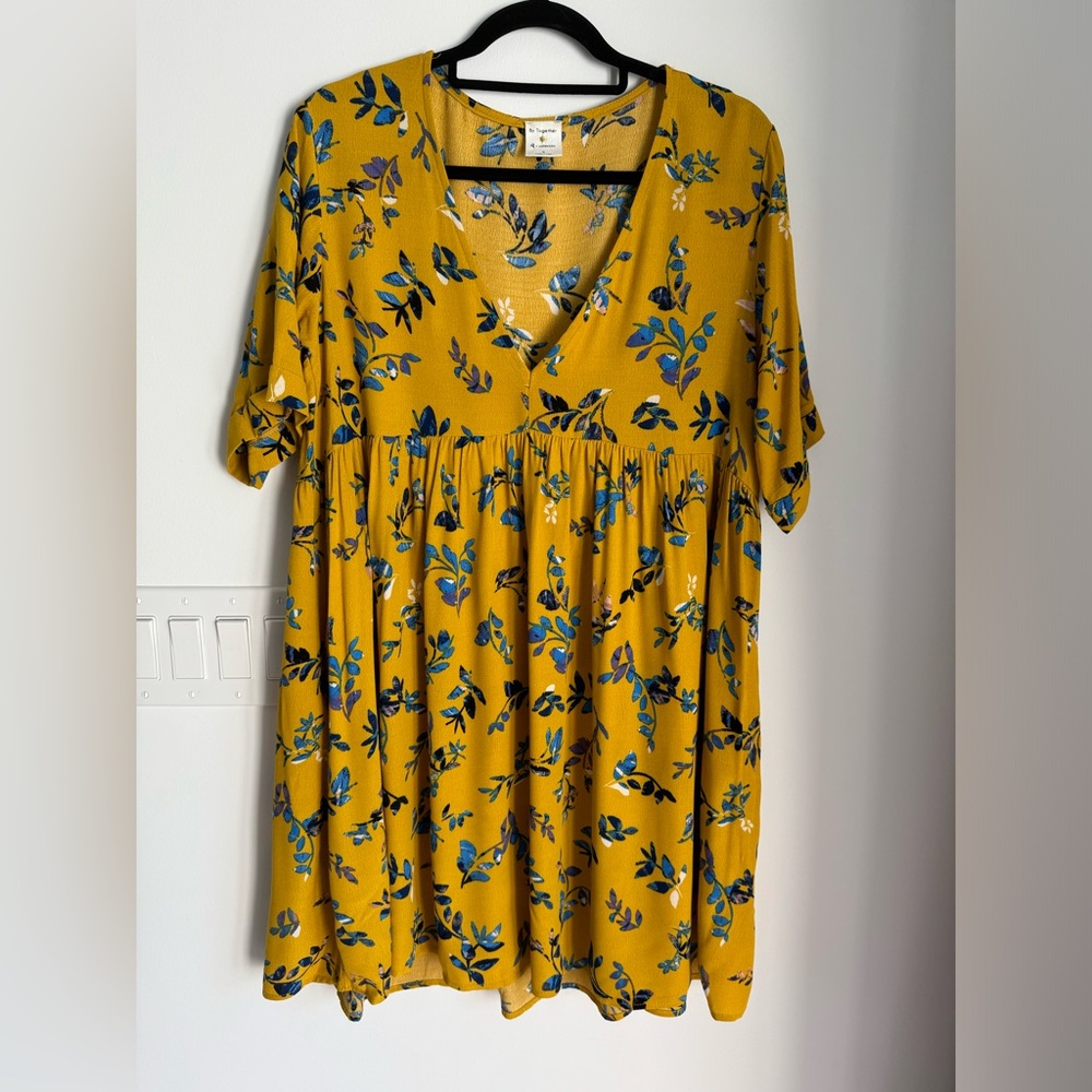 By Together Babydoll Dress Womens Small Mustard Oversized Pockets Flowy Boho